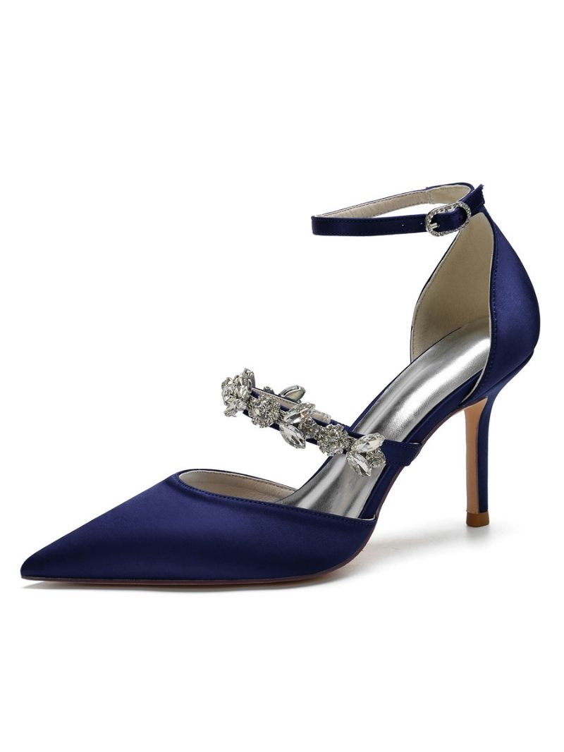 Escarpins Mariée À Talons Et Bride Cheville Strass Pour Femmes Satin - Bleu Profond