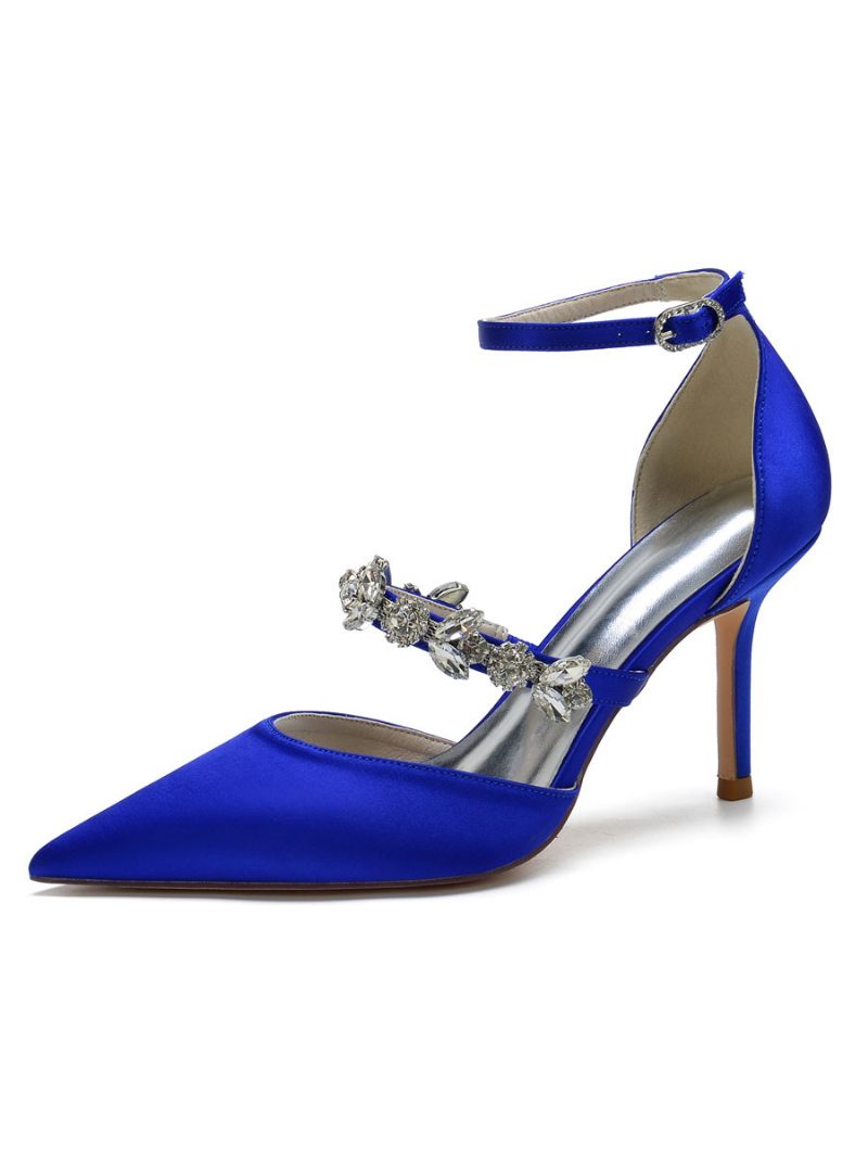 Escarpins Mariée À Talons Et Bride Cheville Strass Pour Femmes Satin - Bleu Royal