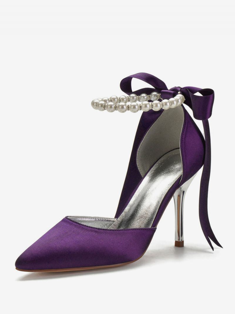 Escarpins Mariée À Talons Et Brides Cheville Avec Perles Nouer Pour Femmes - Violet Foncé