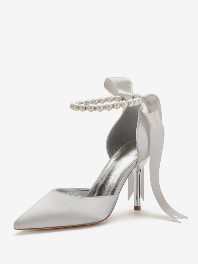 Escarpins Mariée À Talons Et Brides Cheville Avec Perles Nouer Pour Femmes - Argent