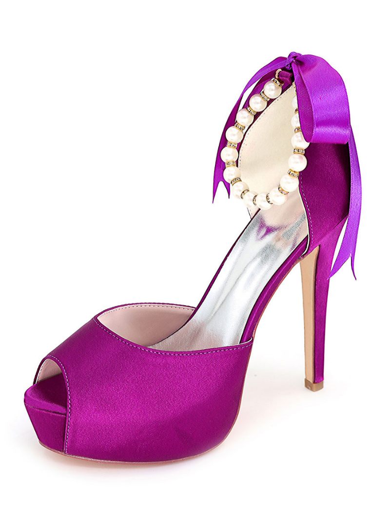 Escarpins Mariée À Talons Et Plateforme Lacets Perles Pour Femmes - Violet