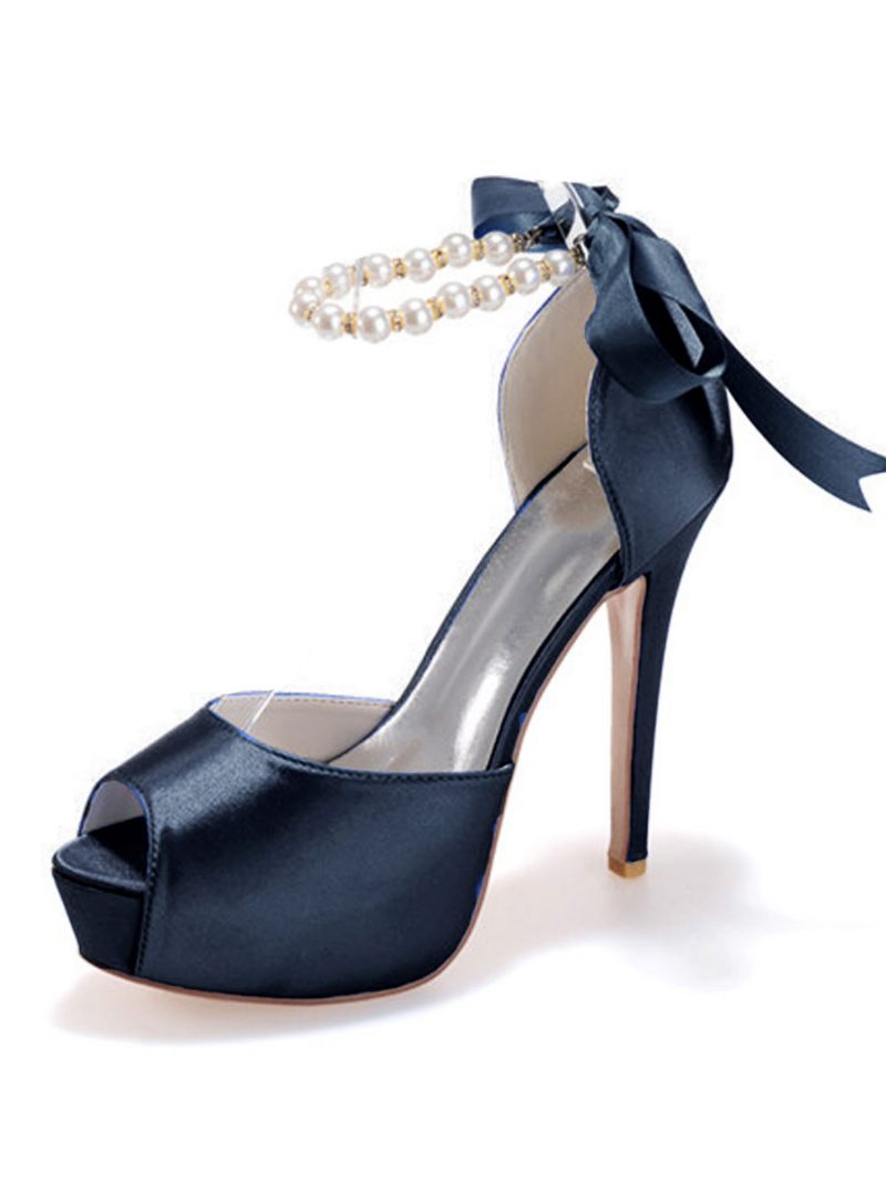 Escarpins Mariée À Talons Et Plateforme Lacets Perles Pour Femmes - Bleu Profond