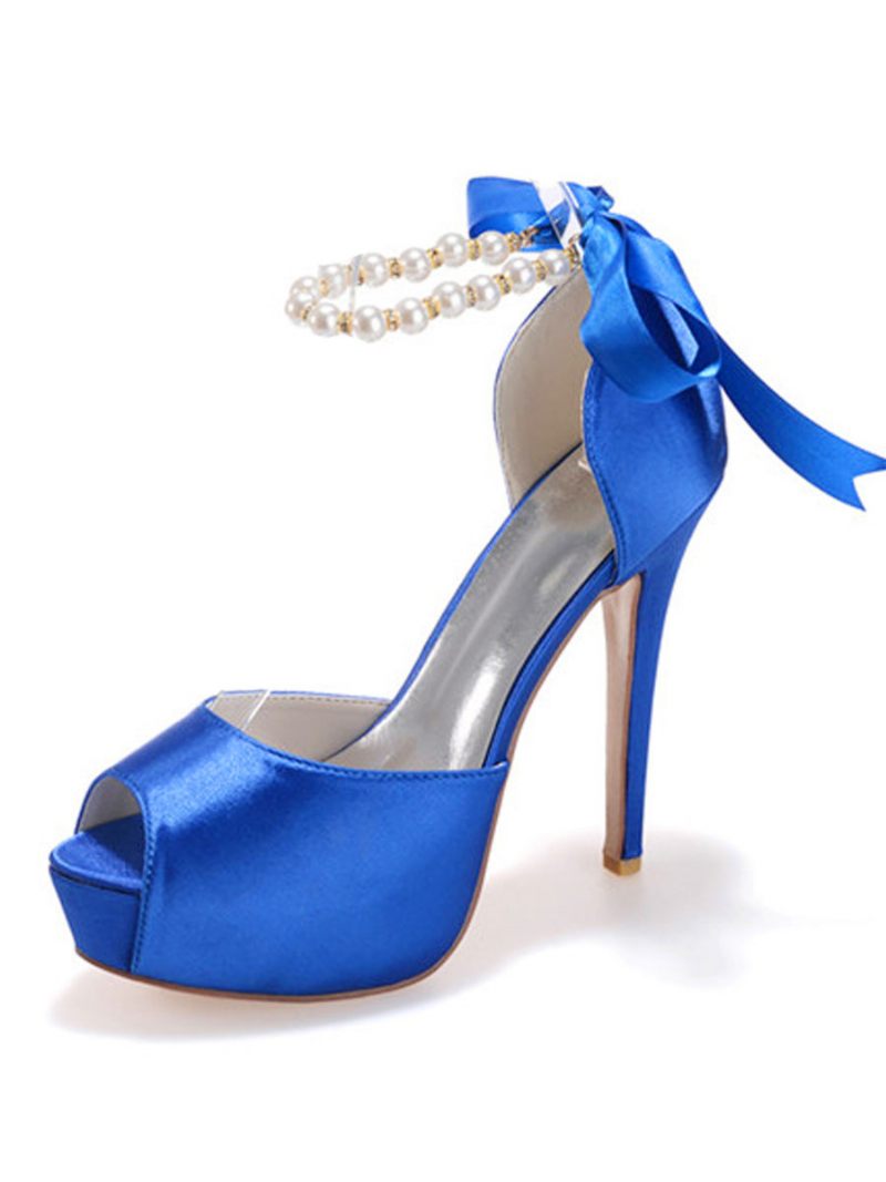 Escarpins Mariée À Talons Et Plateforme Lacets Perles Pour Femmes - Bleu Royal