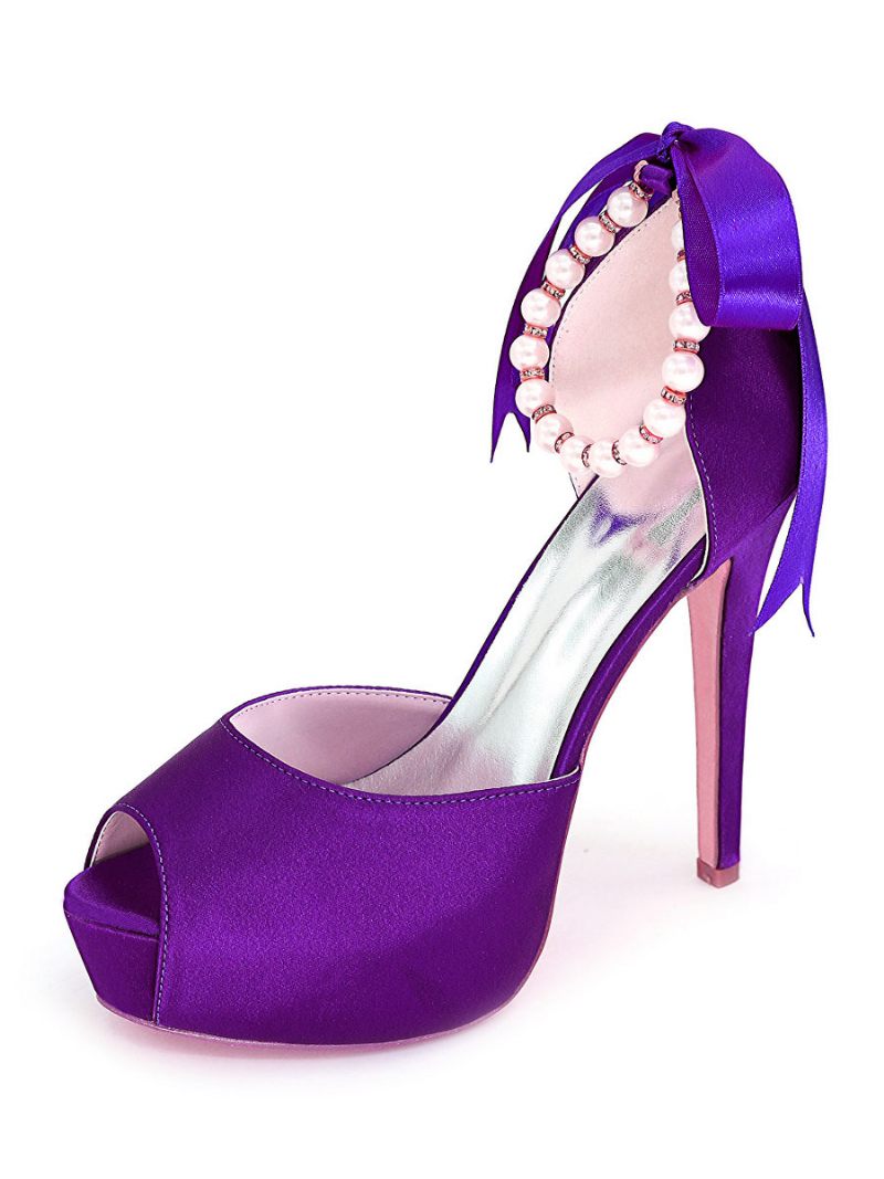 Escarpins Mariée À Talons Et Plateforme Lacets Perles Pour Femmes - Violet Foncé