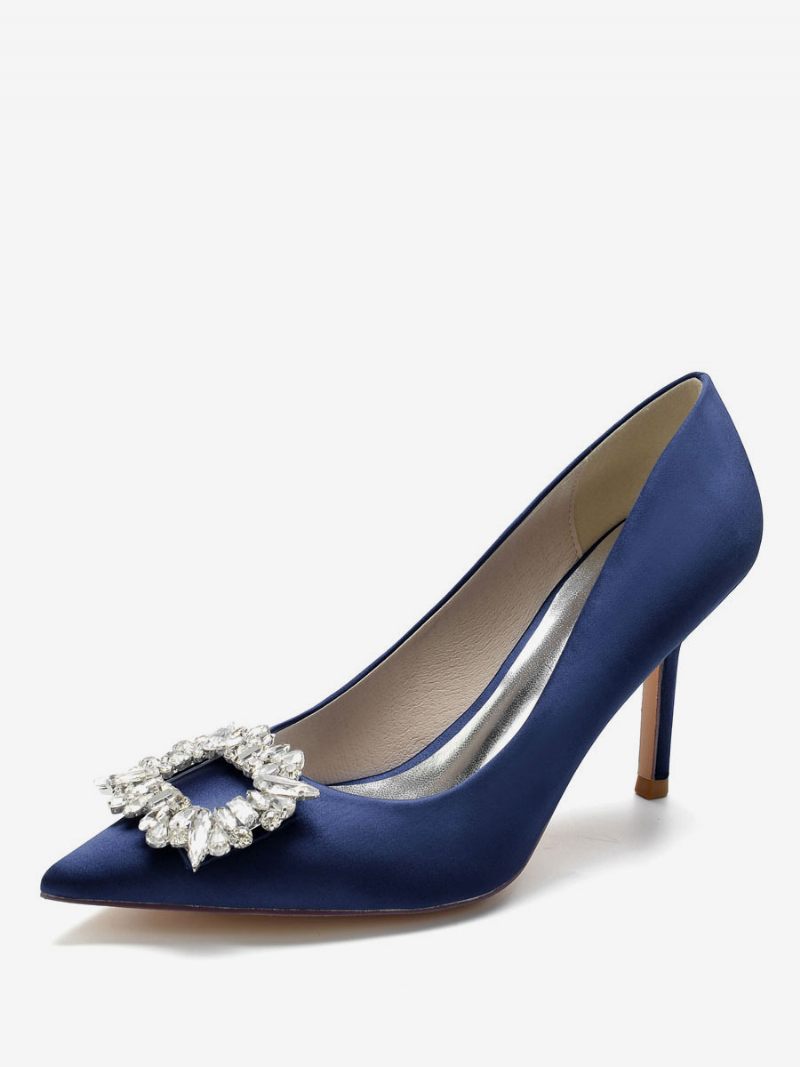 Escarpins Mariée À Talons Strass Pour Femmes Satin - Bleu Profond