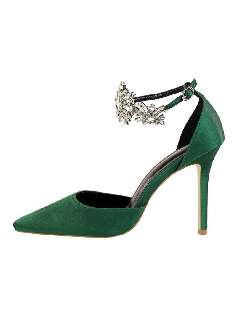 Escarpins Soirée À Talons Aiguilles Et Bride La Cheville Pour Femmes Satin Noir - Vert