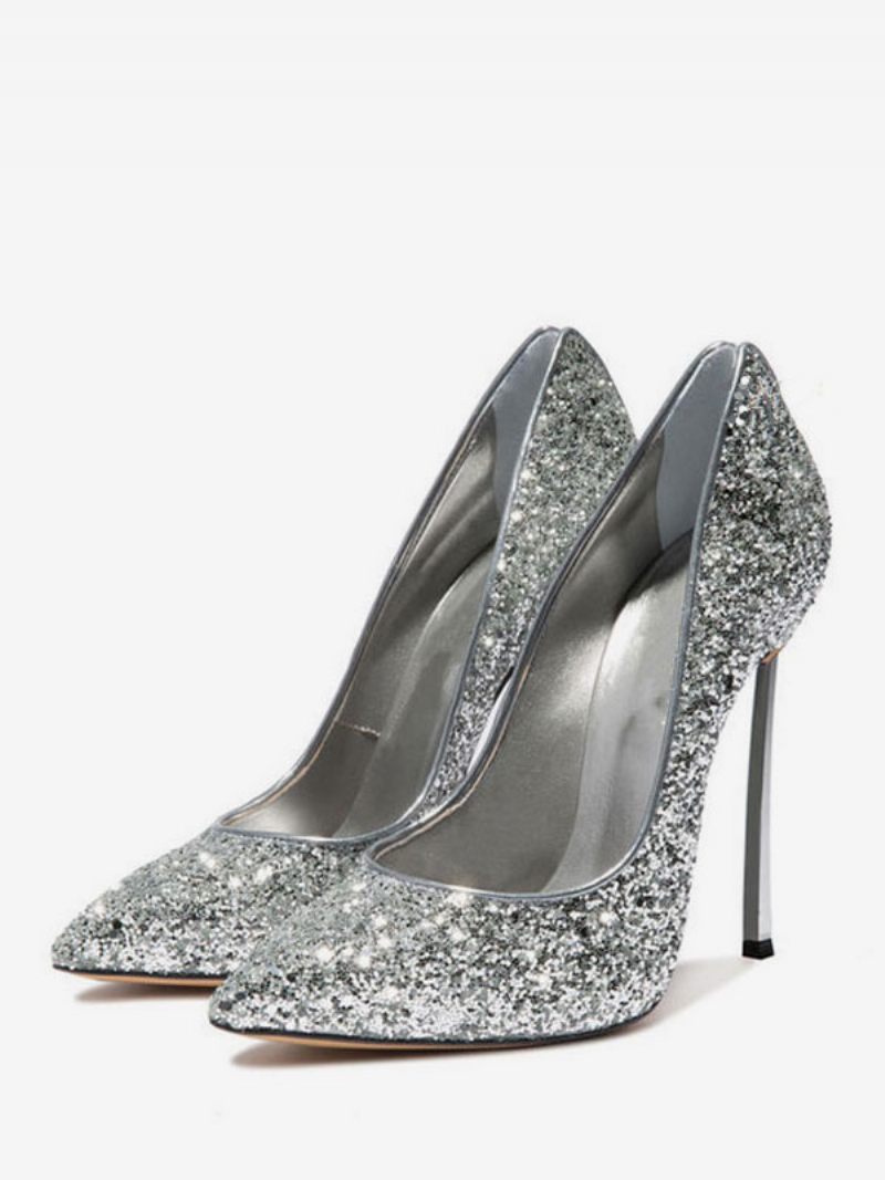 Escarpins À Talons Hauts Pailletés Pour Femmes Chaussures Soirée Bal - Argent