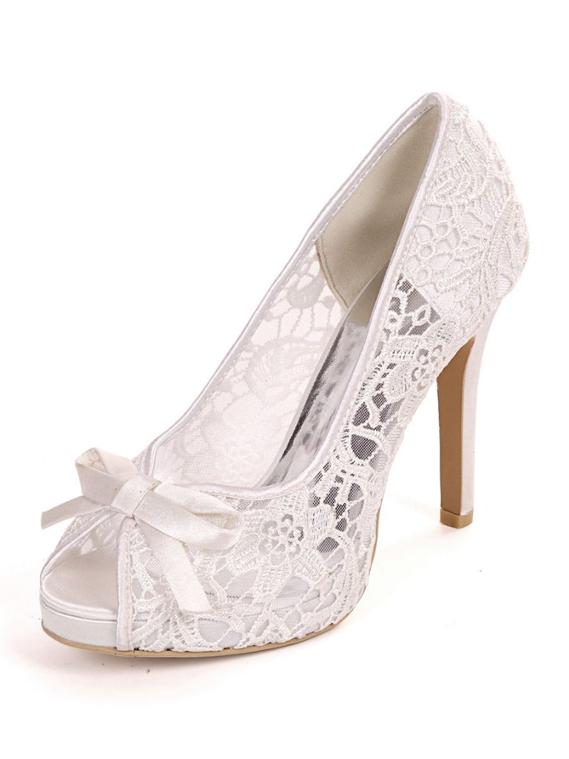 Femmes Mariage Dentelle Bows Peep Toe Talon Aiguille Chaussures Mariée