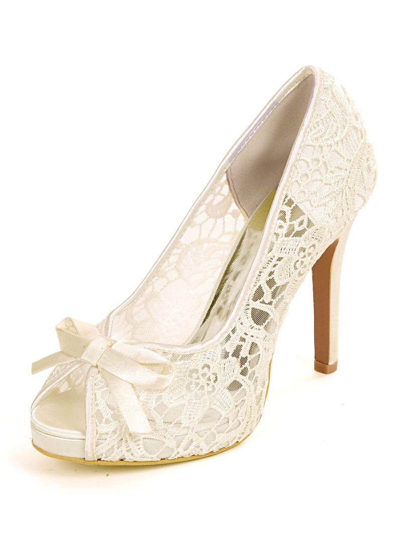 Femmes Mariage Dentelle Bows Peep Toe Talon Aiguille Chaussures Mariée - Ivoire