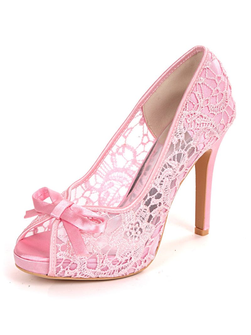 Femmes Mariage Dentelle Bows Peep Toe Talon Aiguille Chaussures Mariée - Rose