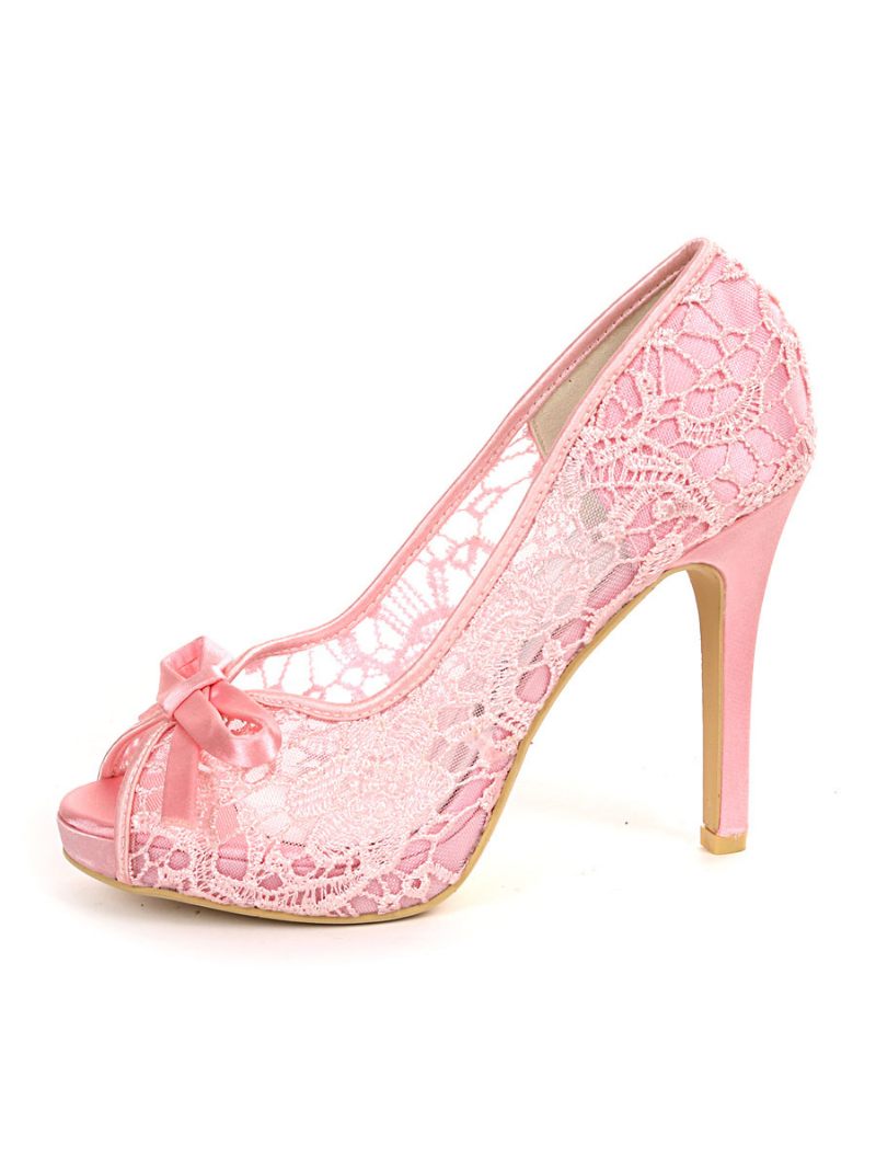 Femmes Mariage Dentelle Bows Peep Toe Talon Aiguille Chaussures Mariée - Rose