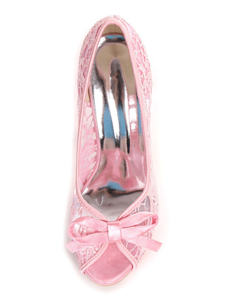 Femmes Mariage Dentelle Bows Peep Toe Talon Aiguille Chaussures Mariée - Rose