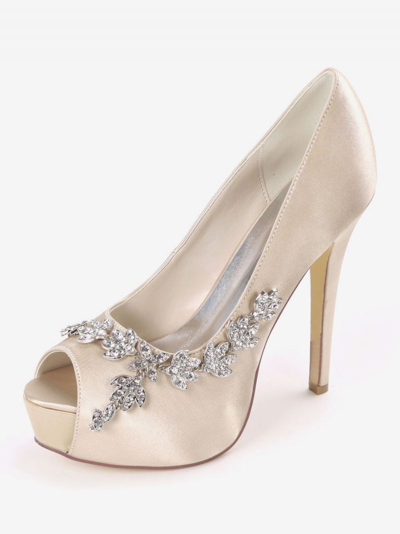 Femmes Rhonestones Peep Toe Chaussures Mariée Talon Aiguille Escarpins - Champagne