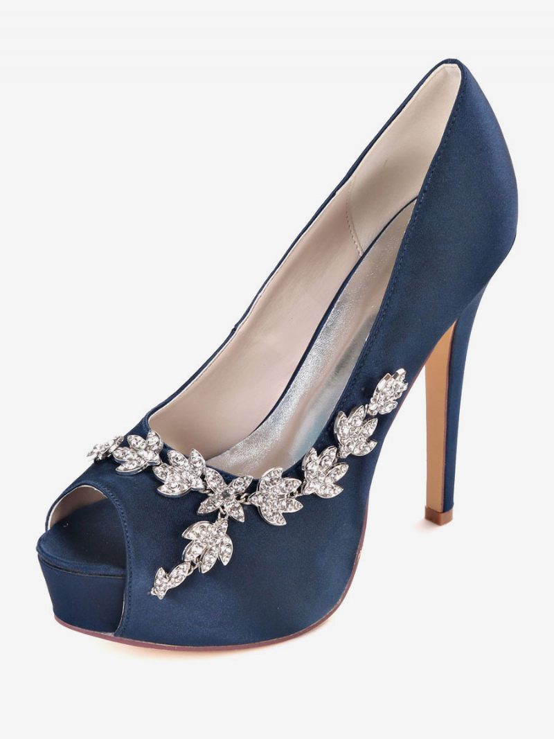 Femmes Rhonestones Peep Toe Chaussures Mariée Talon Aiguille Escarpins - Bleu Profond