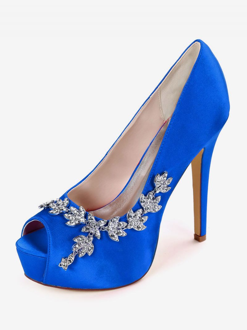 Femmes Rhonestones Peep Toe Chaussures Mariée Talon Aiguille Escarpins - Bleu Royal