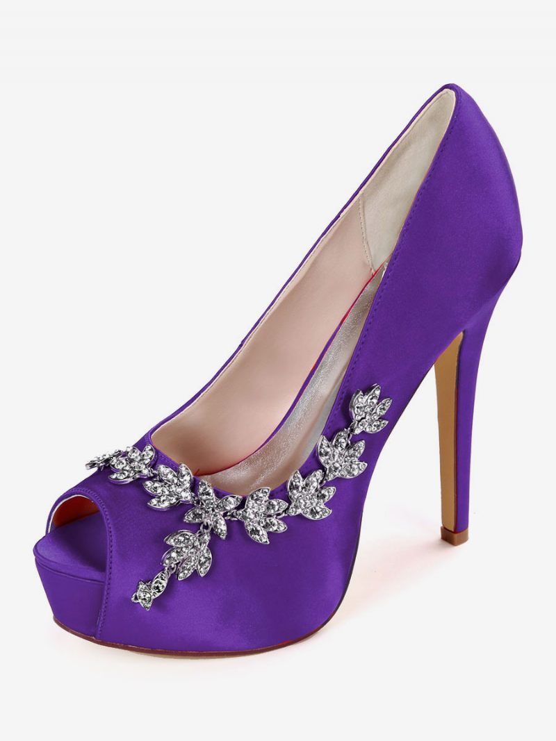 Femmes Rhonestones Peep Toe Chaussures Mariée Talon Aiguille Escarpins - Violet Foncé