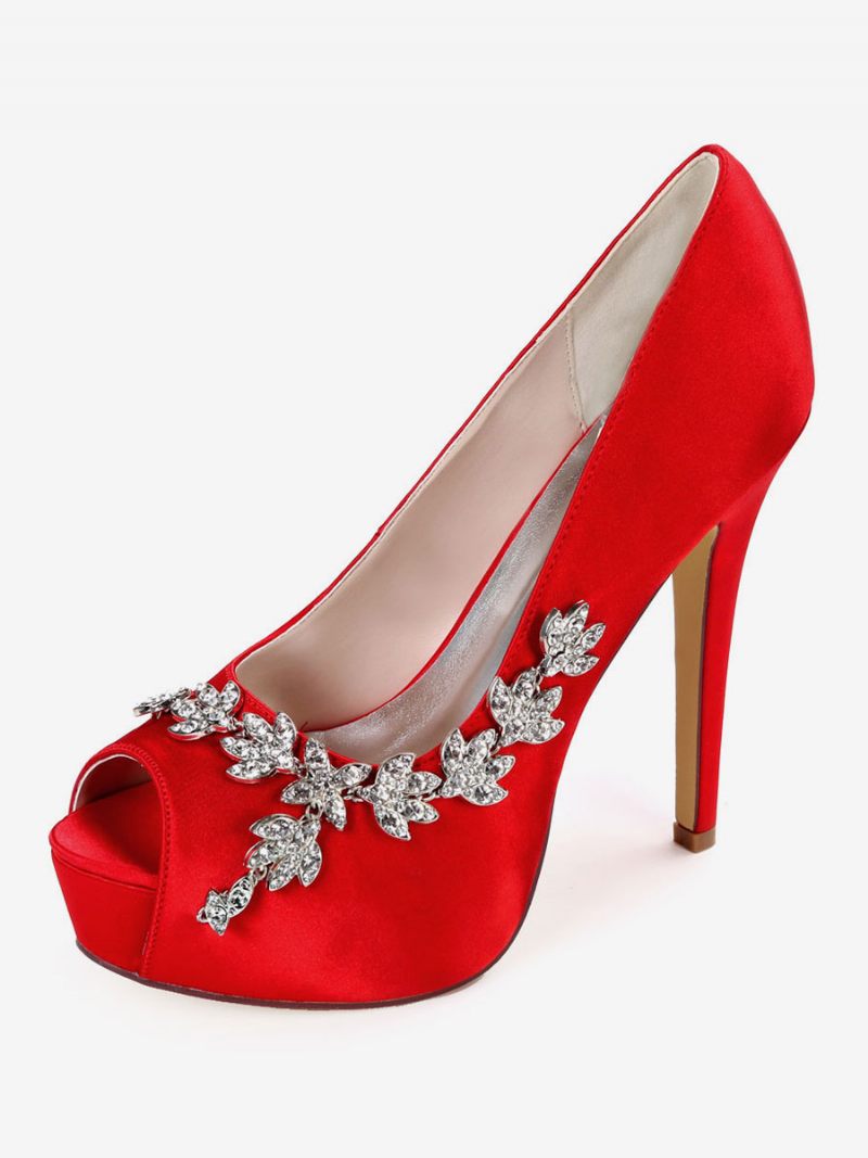 Femmes Rhonestones Peep Toe Chaussures Mariée Talon Aiguille Escarpins - Rouge Ture