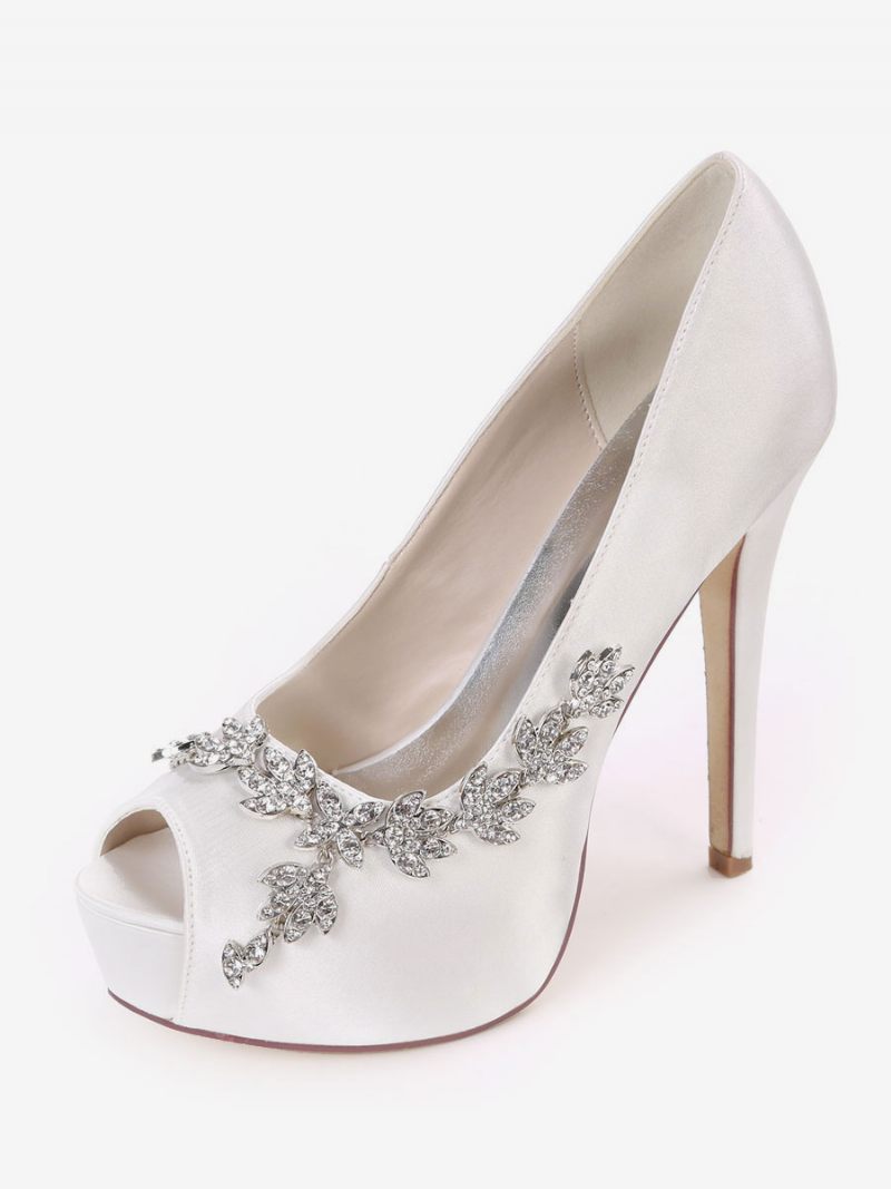 Femmes Rhonestones Peep Toe Chaussures Mariée Talon Aiguille Escarpins - Blanc