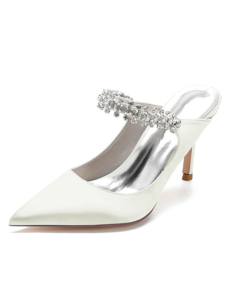 Mules Mariée Pour Femmes Avec Strass Bout Pointu Talon Aiguille Satin