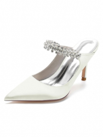 Mules Mariée Pour Femmes Avec Strass Bout Pointu Talon Aiguille Satin