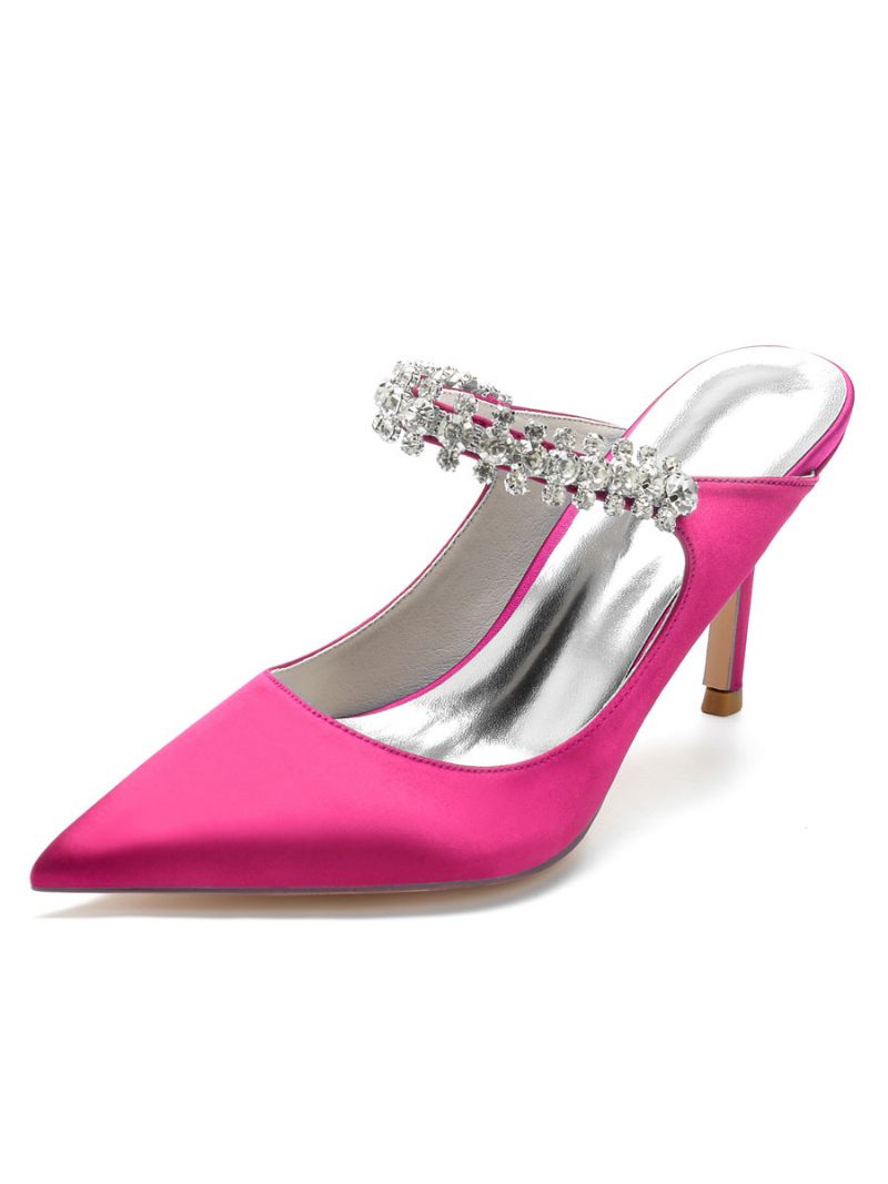 Mules Mariée Pour Femmes Avec Strass Bout Pointu Talon Aiguille Satin - Rose