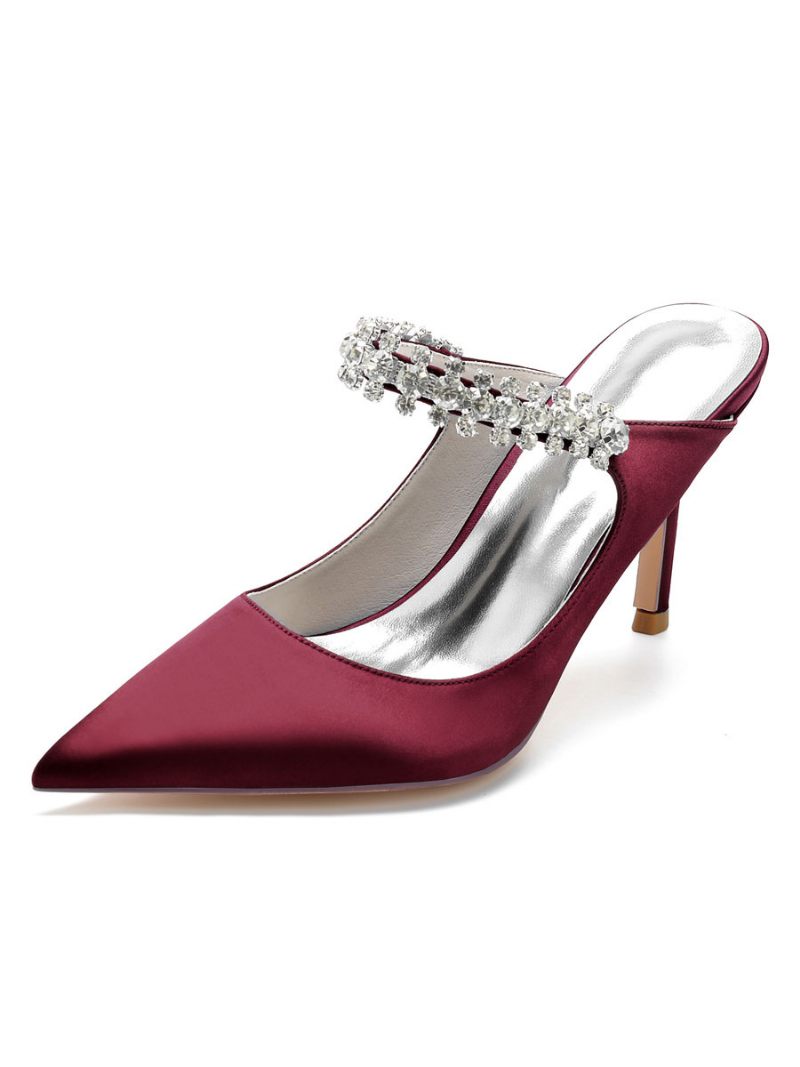 Mules Mariée Pour Femmes Avec Strass Bout Pointu Talon Aiguille Satin - Bourgogne