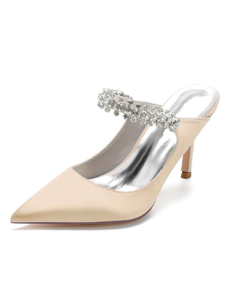 Mules Mariée Pour Femmes Avec Strass Bout Pointu Talon Aiguille Satin - Champagne