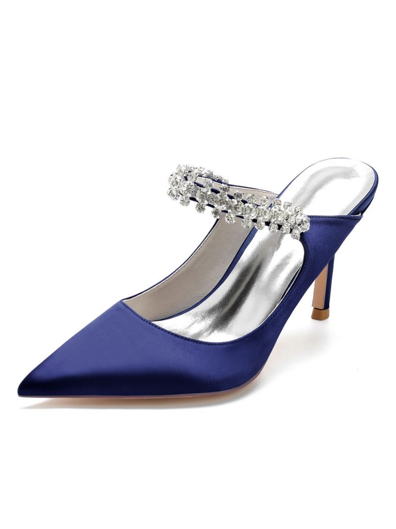 Mules Mariée Pour Femmes Avec Strass Bout Pointu Talon Aiguille Satin - Bleu Profond