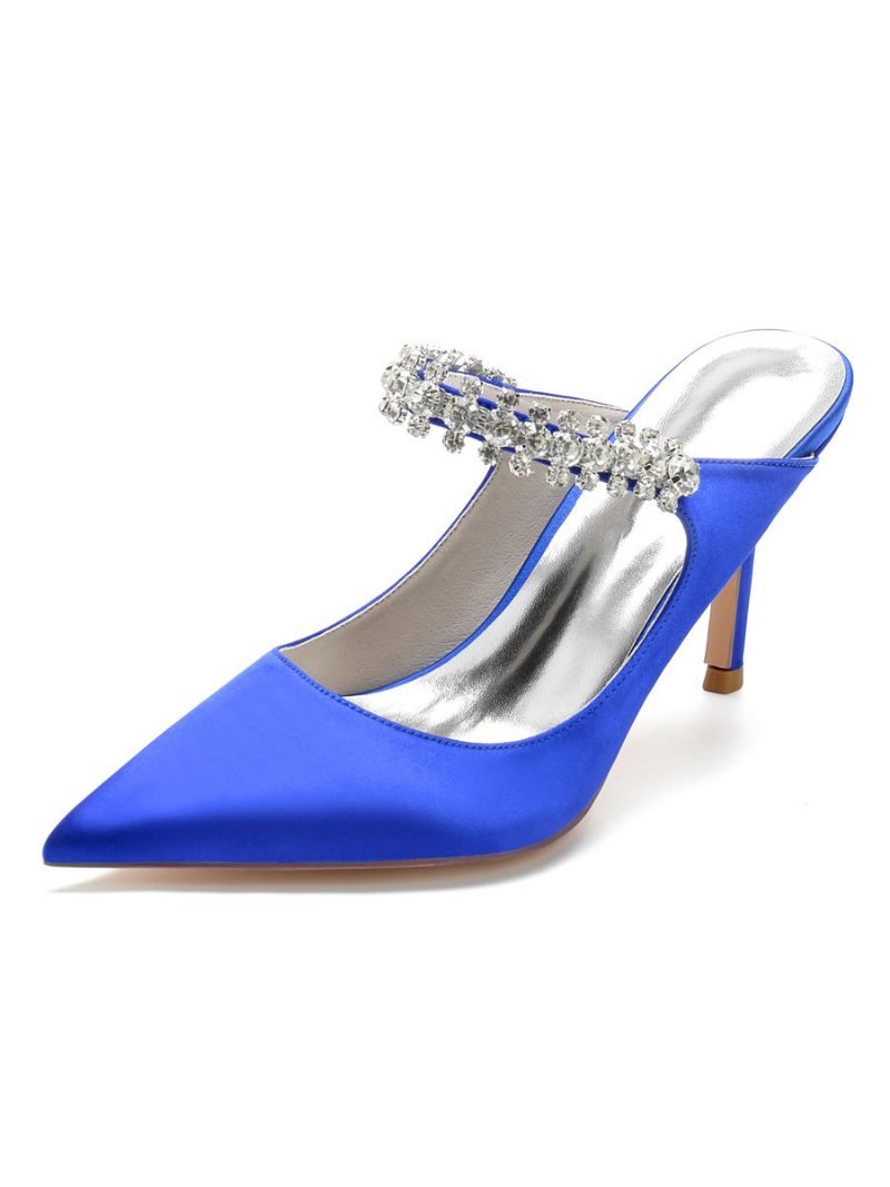 Mules Mariée Pour Femmes Avec Strass Bout Pointu Talon Aiguille Satin - Bleu Royal