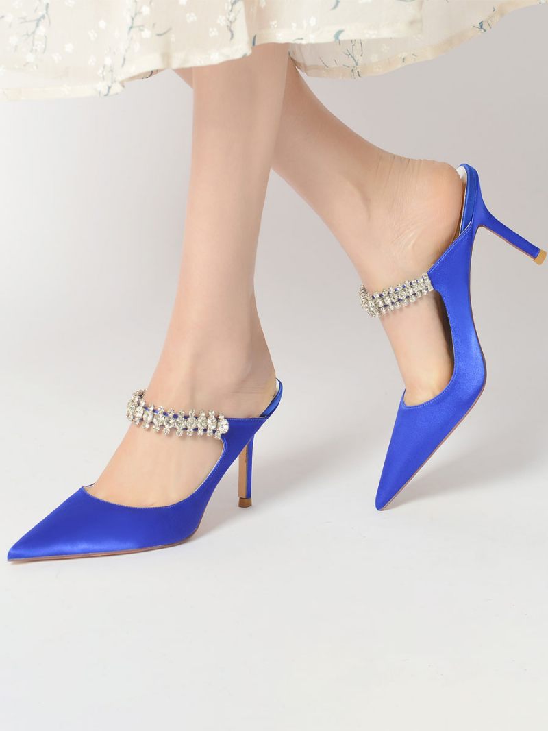 Mules Mariée Pour Femmes Avec Strass Bout Pointu Talon Aiguille Satin - Bleu Royal