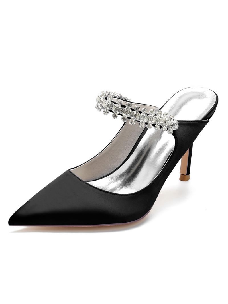 Mules Mariée Pour Femmes Avec Strass Bout Pointu Talon Aiguille Satin - Noir