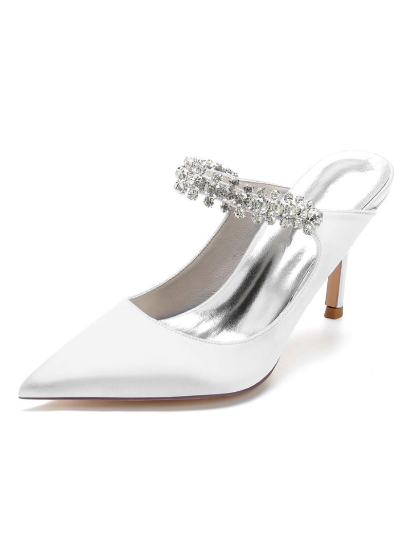 Mules Mariée Pour Femmes Avec Strass Bout Pointu Talon Aiguille Satin - Blanc