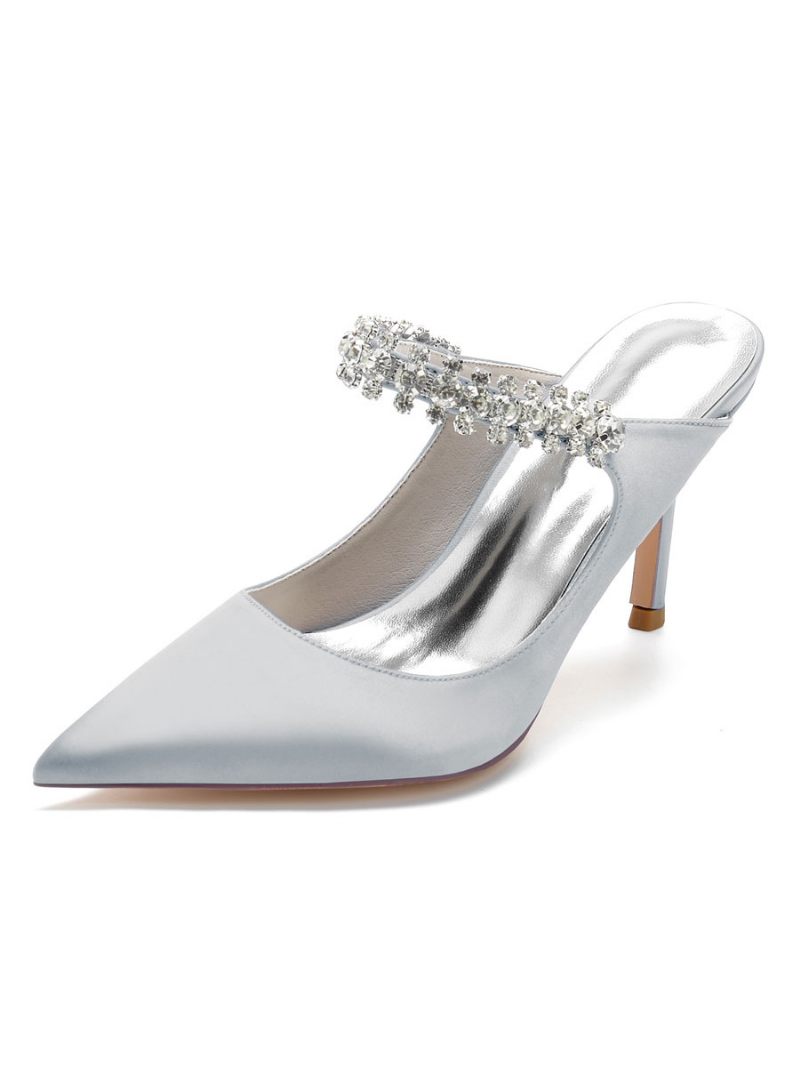 Mules Mariée Pour Femmes Avec Strass Bout Pointu Talon Aiguille Satin - Argent