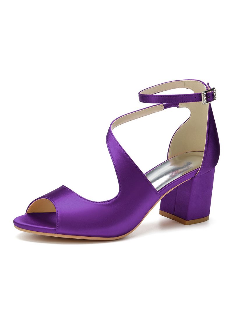 Sandales Mariage Satin À Talon Bloc Et Bride La Cheville Pour Femmes - Violet Foncé