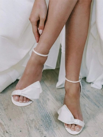 Sandales Mariée Blanches Satin Pour Femmes Élégantes Bout Ouvert Nœuds Bride À La Cheville Talon Bloc Fête Mariage