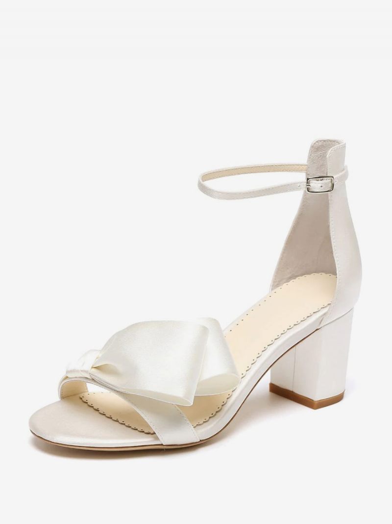 Sandales Mariée Blanches Satin Pour Femmes Élégantes Bout Ouvert Nœuds Bride À La Cheville Talon Bloc Fête Mariage - Blanc