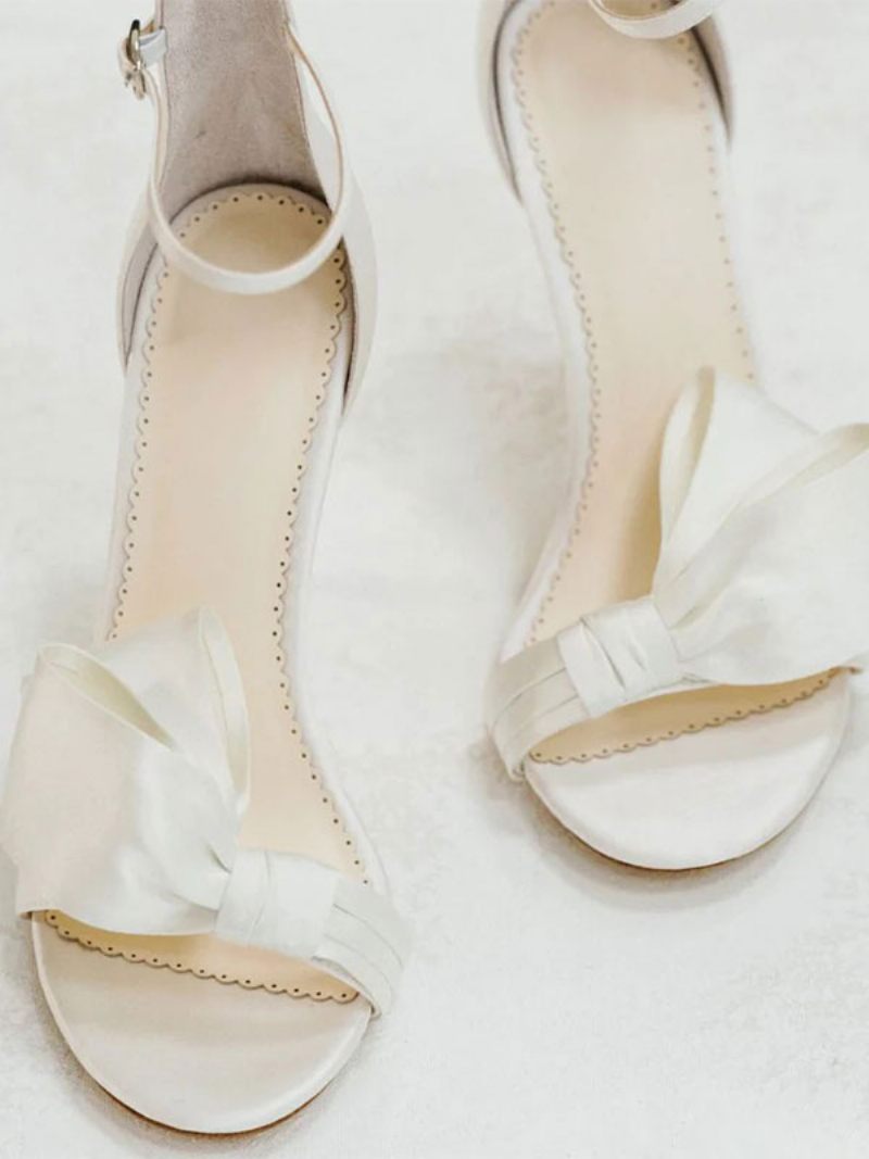 Sandales Mariée Blanches Satin Pour Femmes Élégantes Bout Ouvert Nœuds Bride À La Cheville Talon Bloc Fête Mariage - Blanc