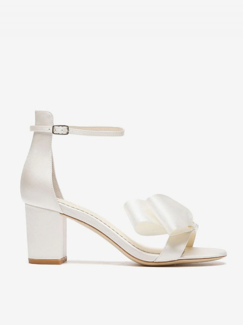 Sandales Mariée Blanches Satin Pour Femmes Élégantes Bout Ouvert Nœuds Bride À La Cheville Talon Bloc Fête Mariage - Blanc