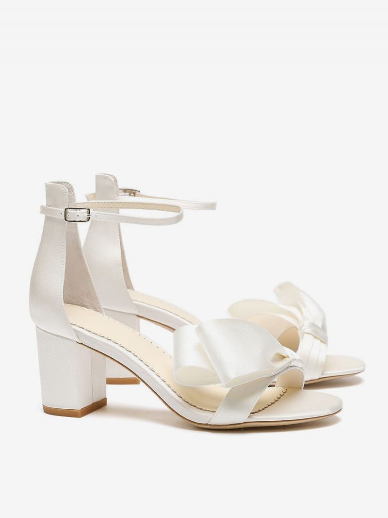 Sandales Mariée Blanches Satin Pour Femmes Élégantes Bout Ouvert Nœuds Bride À La Cheville Talon Bloc Fête Mariage - Blanc