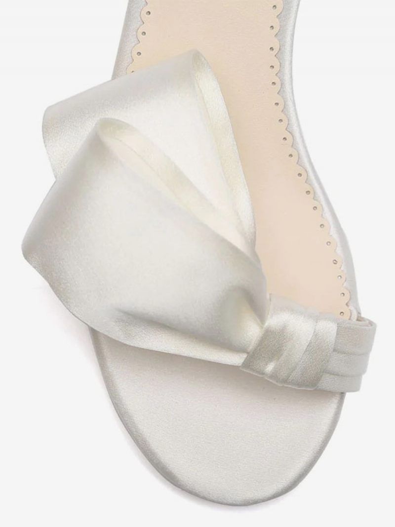 Sandales Mariée Blanches Satin Pour Femmes Élégantes Bout Ouvert Nœuds Bride À La Cheville Talon Bloc Fête Mariage - Blanc