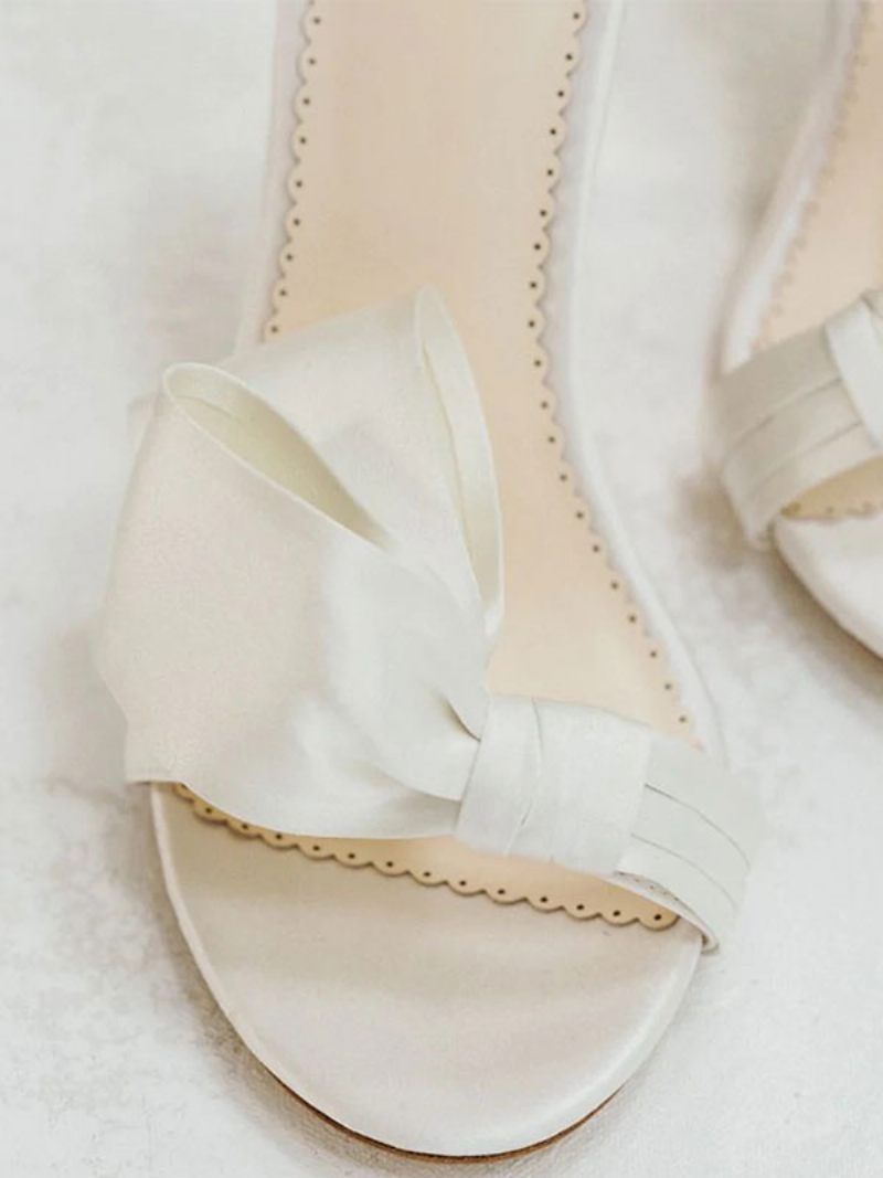 Sandales Mariée Blanches Satin Pour Femmes Élégantes Bout Ouvert Nœuds Bride À La Cheville Talon Bloc Fête Mariage - Blanc