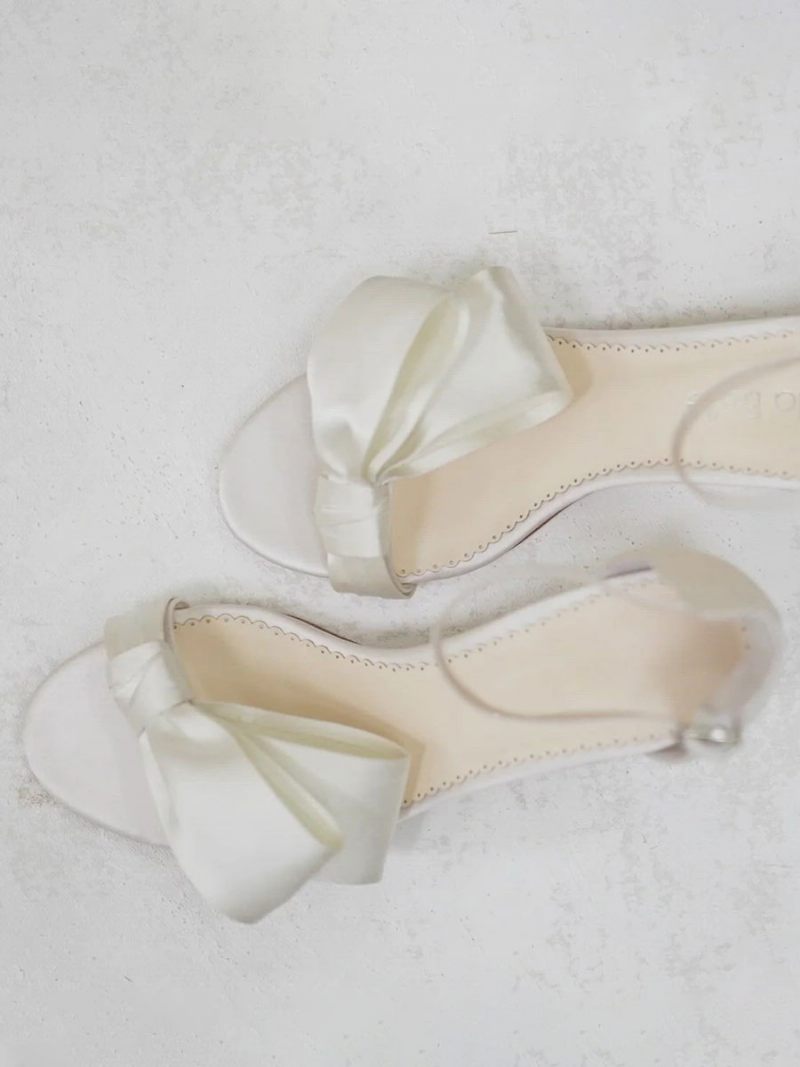 Sandales Mariée Blanches Satin Pour Femmes Élégantes Bout Ouvert Nœuds Bride À La Cheville Talon Bloc Fête Mariage - Blanc