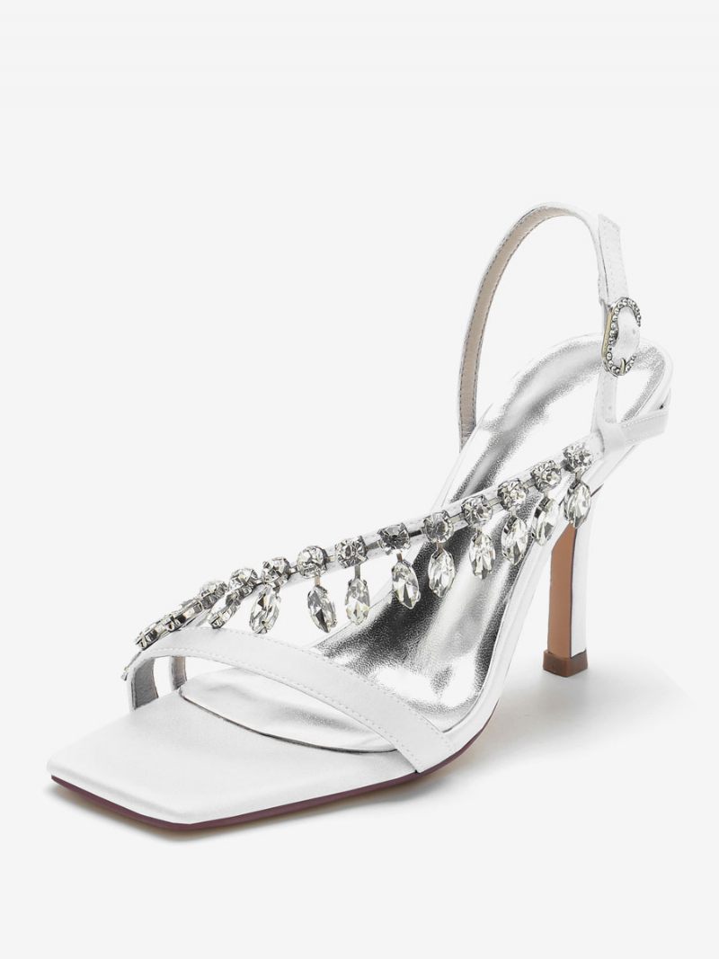 Sandales Mariée Femme Ivoire Satiné Chic Bout Ouvert Strass Mariage - Blanc