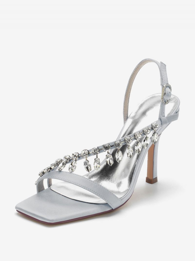 Sandales Mariée Femme Ivoire Satiné Chic Bout Ouvert Strass Mariage - Argent