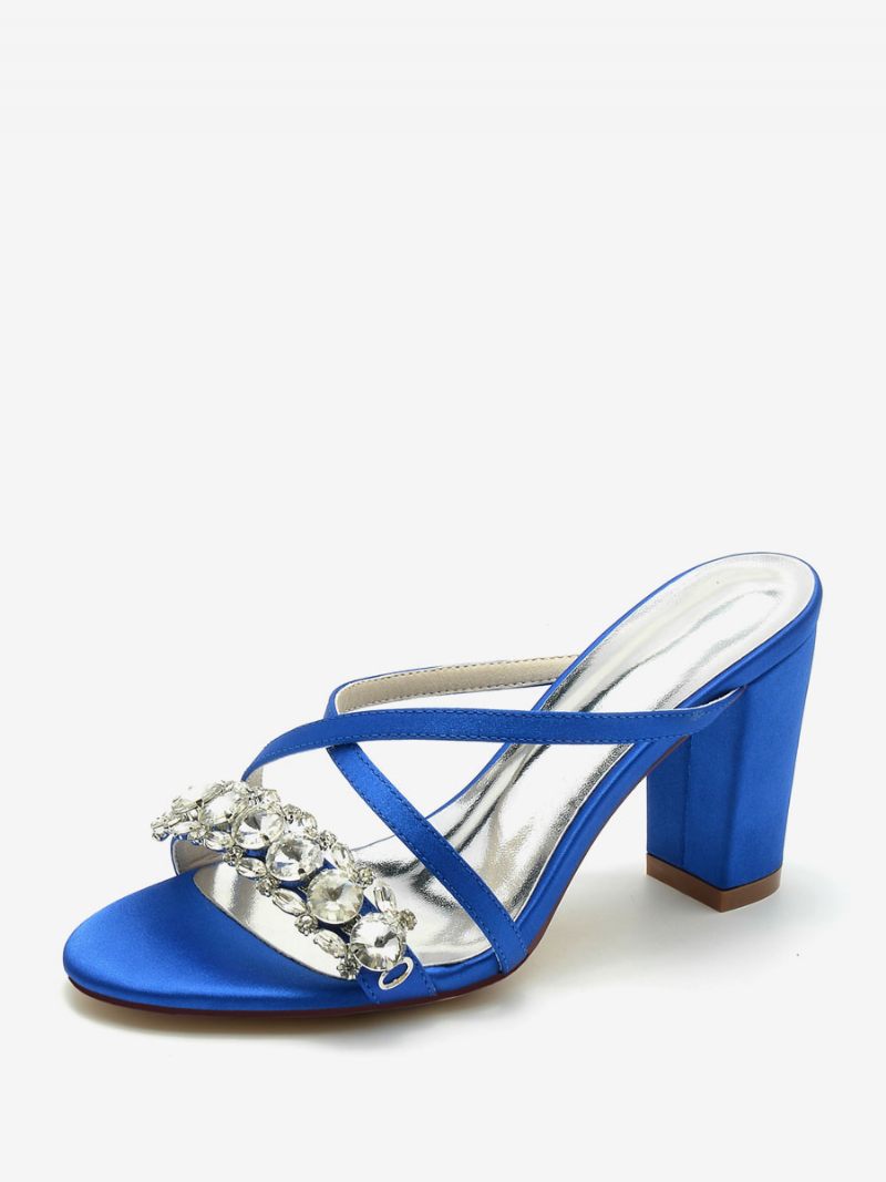 Sandales Mariée Pour Femmes Bleu Profond Satin Chic Bout Ouvert Strass Mariage - Bleu Royal