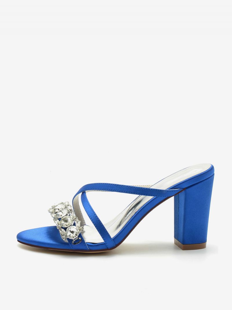 Sandales Mariée Pour Femmes Bleu Profond Satin Chic Bout Ouvert Strass Mariage - Bleu Royal