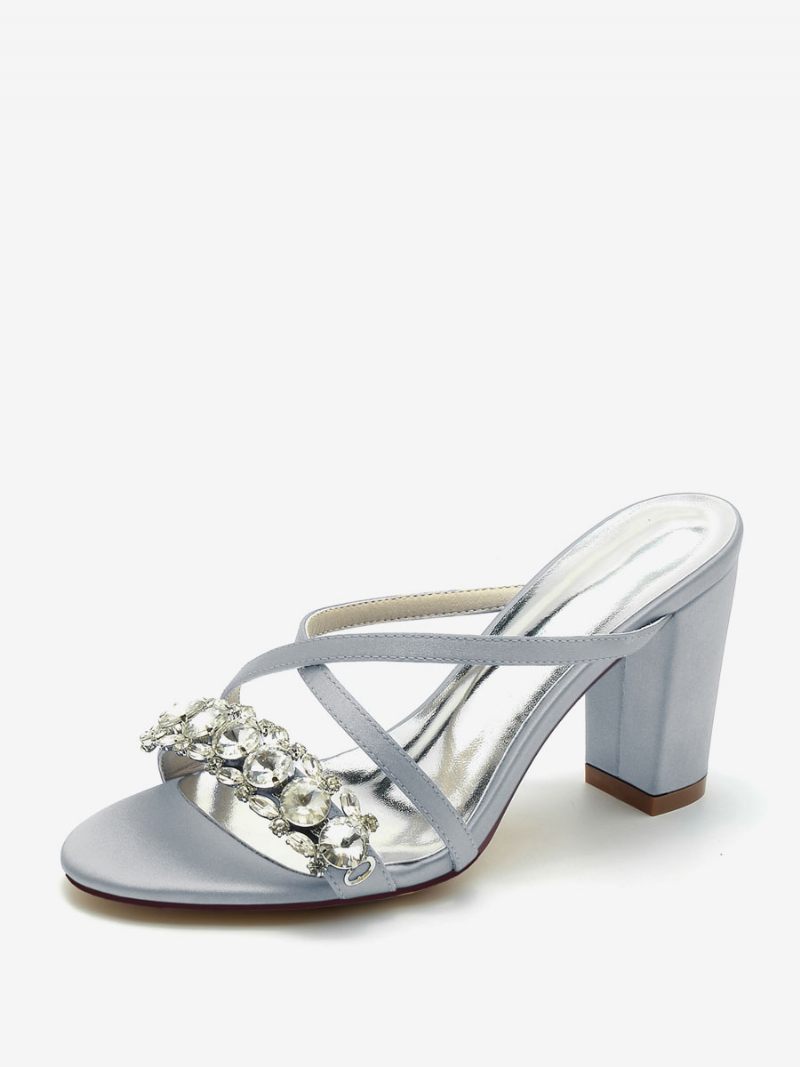 Sandales Mariée Pour Femmes Bleu Profond Satin Chic Bout Ouvert Strass Mariage - Argent