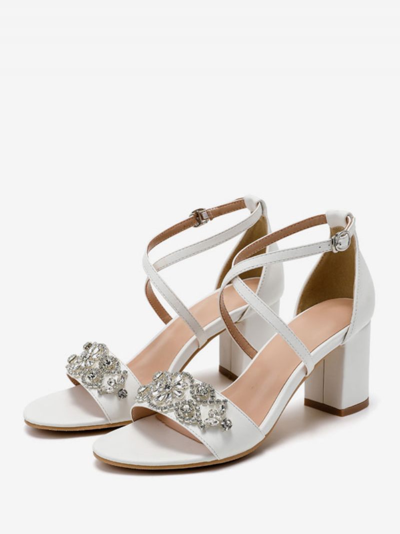 Sandales Mariée Pour Femmes Cuir Pu Blanc Classique À Bout Ouvert Strass Mariage - Blanc