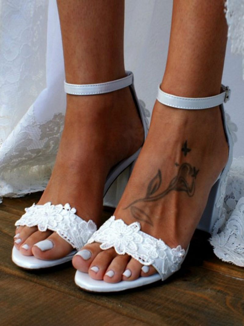 Sandales Mariée Pour Femmes Cuir Pu Blanc Mariage Brodées Chics À Bout Ouvert