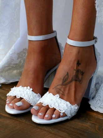 Sandales Mariée Pour Femmes Cuir Pu Blanc Mariage Brodées Chics À Bout Ouvert